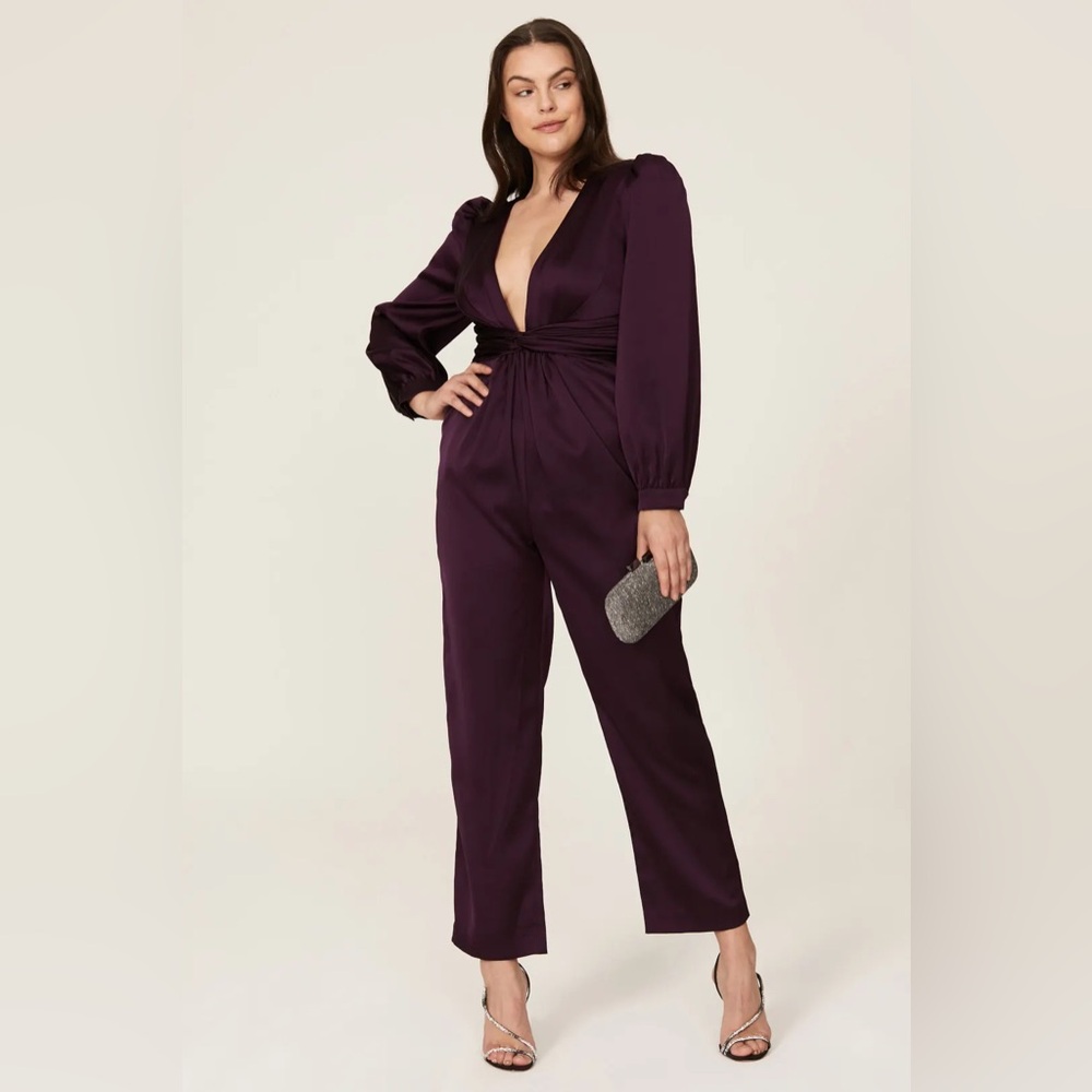 NWT Ieena for Mac Duggal Plum Purple Plunge Long Sleeve Satin Jumpsuit - SZ 12
